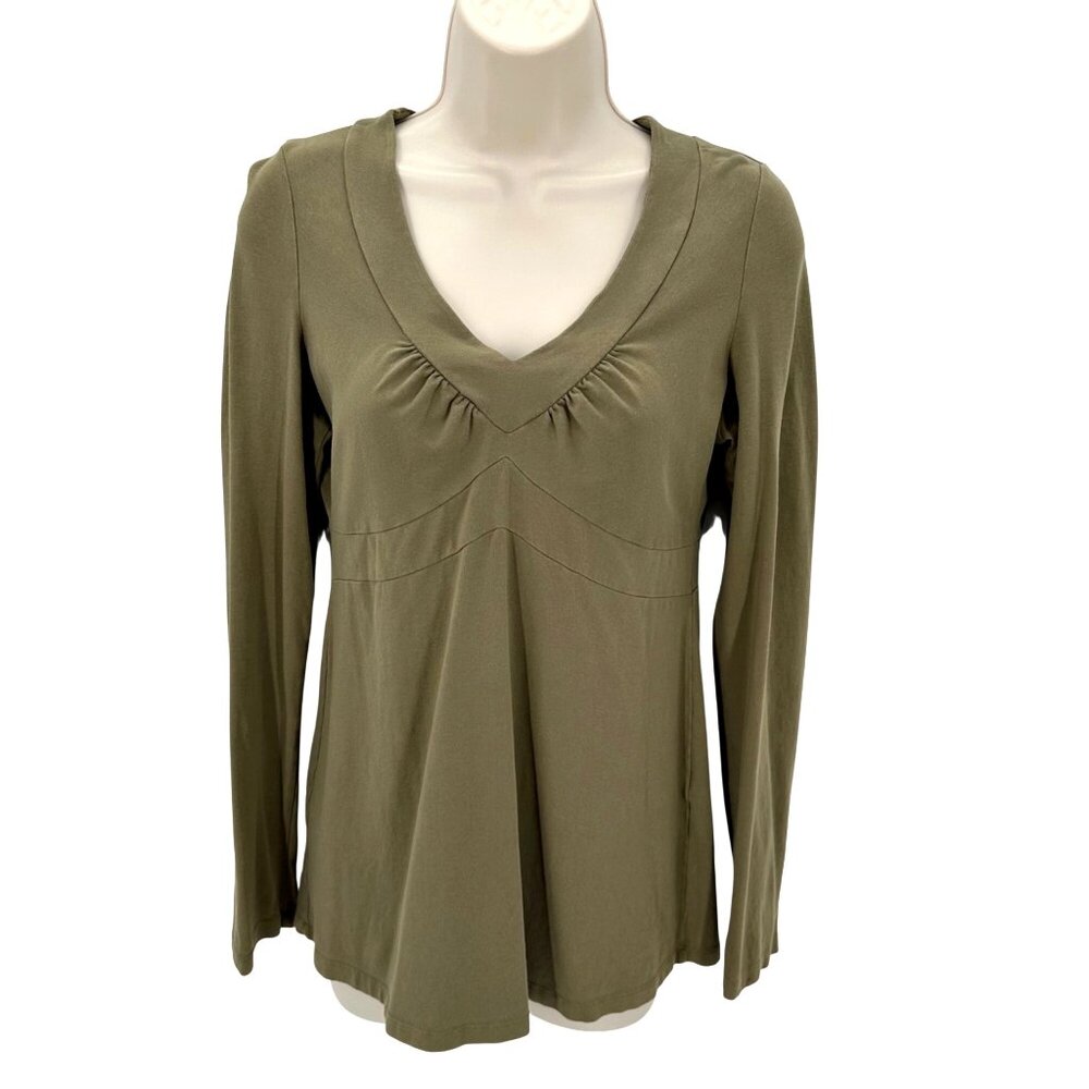 Athleta Womens Long Sleeve Olive Green Organic Cotton V-Neck Top S